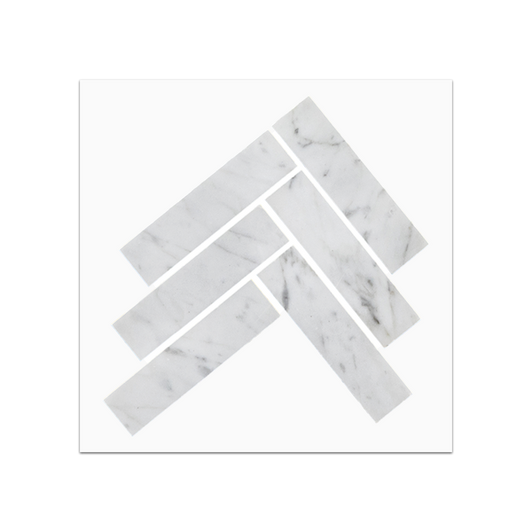 S76H - Bianco Carrara Tarjeta de muestra pulida con mosaico en espiga de 1" x 4"