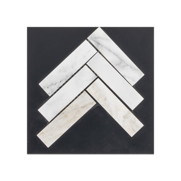 S77 - Bianco Oro 1" x 4" Tarjeta de muestra pulida con mosaico en espiga