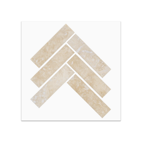 S86 - Travertino marfil claro, mosaico en espiga de 1" x 4", tarjeta de muestra rellena y perfeccionada