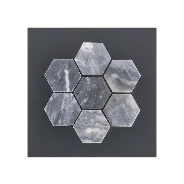 S91 - Tarjeta de muestra pulida con mosaico hexagonal Bardiglio Nuvolato de 2"