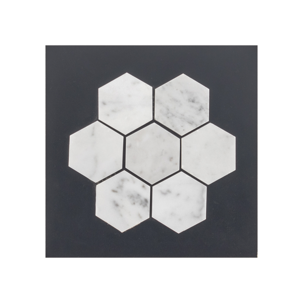 S93P - Tarjeta de muestra pulida con mosaico hexagonal Bianco Carrara de 2"