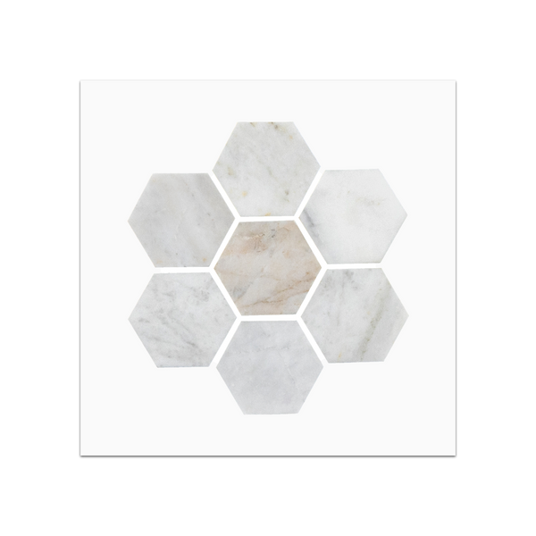 S96 - Tarjeta muestrario pulida con mosaico hexagonal Bianco Oro de 2"