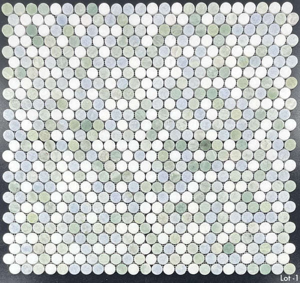 Tri-Blend (verde Ming/Blanco Thassos/Azul Celeste) Mosaico redondo de 1" pulido