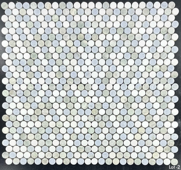 Tri-Blend (Ming Green/White Thassos/Blue Celeste) 1" Rounds Mosaic Polished - Elon Tile & Stone