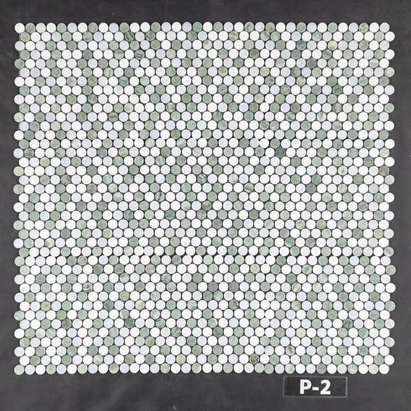 Tri-Blend (Ming Green/White Thassos/Blue Celeste) 1" Rounds Mosaic Polished - Elon Tile & Stone