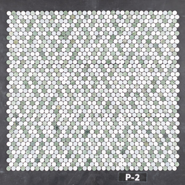 Tri-Blend (verde Ming/Blanco Thassos/Azul Celeste) Mosaico redondo de 1" pulido