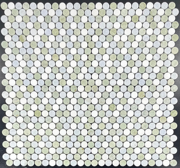 Tri-Blend (Ming Green/White Thassos/Blue Celeste) 1" Rounds Mosaic Polished