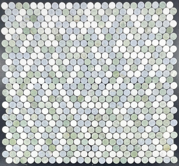 Tri-Blend (verde Ming/Blanco Thassos/Azul Celeste) Mosaico redondo de 1" pulido