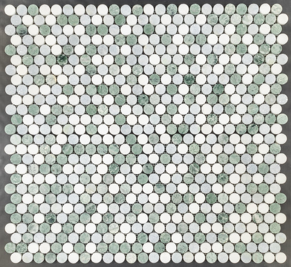 Tri-Blend (verde Ming/Blanco Thassos/Azul Celeste) Mosaico redondo de 1" pulido