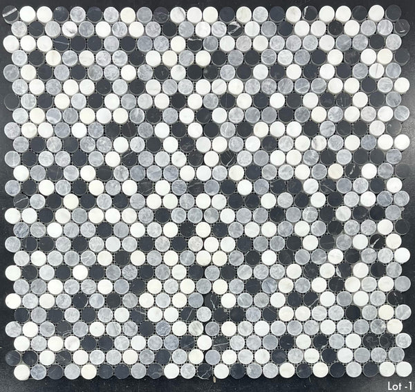 Tri-Blend - Pearl White/Pacific Gray/Black 1" Rounds Mosaic Polished
