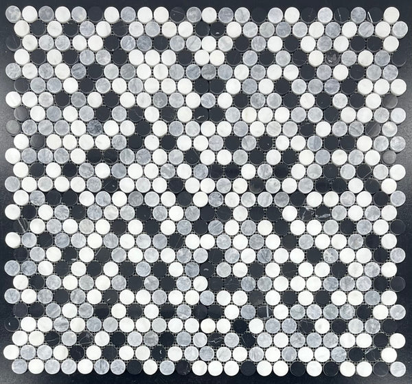 Tri-Blend - Mosaico redondo pulido de 1" blanco perla/gris pacífico/negro