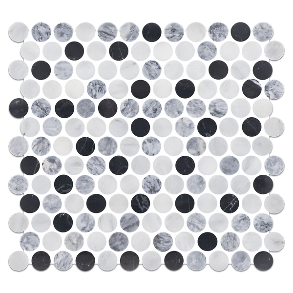 Tri-Blend (Pearl White/Pacific Gray/Black) 1" Rounds Mosaic Polished