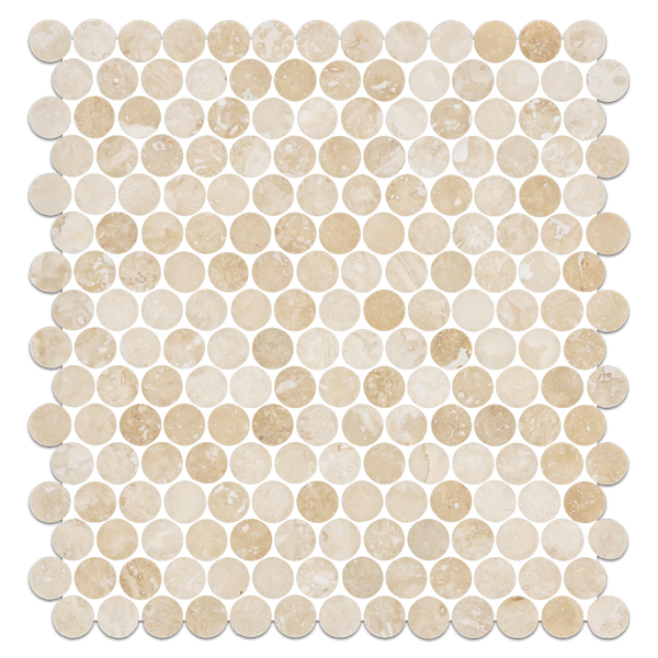 Mosaico de travertino marfil claro de corte cruzado, redondos de 1 ", pulido y relleno
