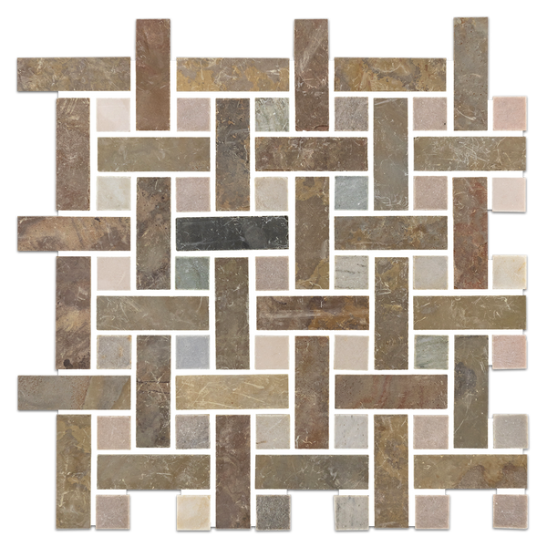 Lotus Multicolor Slate Basketweave with 5/8" Golden Sand Dot Mosaic Honed