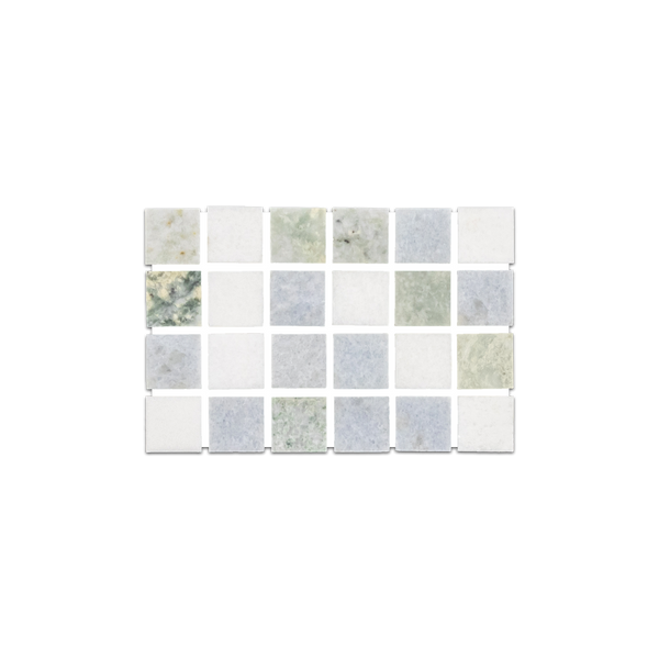 Loose Swatch - Blue Celeste 1" Square Tri Blend with Ming Green and White Thassos Mosaic