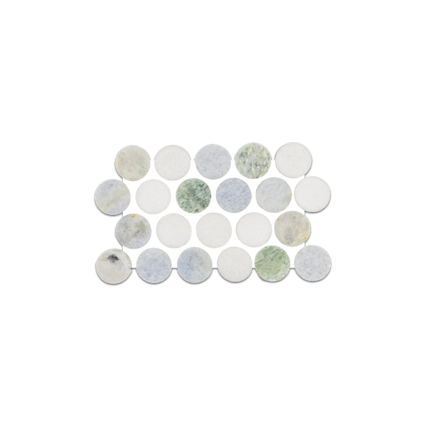 Muestra suelta: rondas de 1" azul celeste con mosaico Thassos verde y blanco Ming pulido