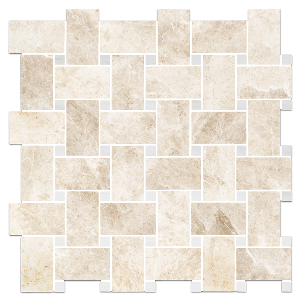 Vanilla Royale Extra Large Basketweave with 5/8" Dolomite Dot Mosaic Honed