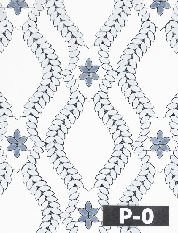 White Thassos Lillia with Blue Celeste & Azul Macauba Waterjet Mosaic Polished