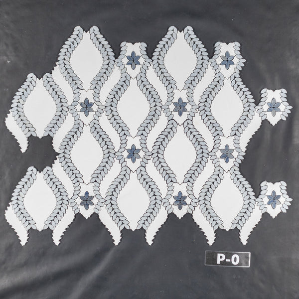 White Thassos Lillia with Blue Celeste & Azul Macauba Waterjet Mosaic Polished
