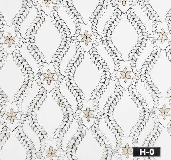 White Thassos Lillia with Calacatta Gold & Crema Marfil Waterjet Mosaic Honed