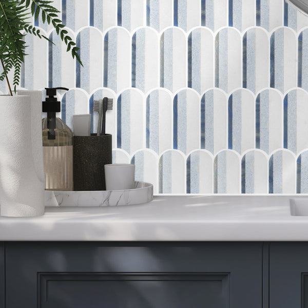 Azul Macauba, Blue Celeste & White Thassos Tri-Blend Wave Mosaic Polished