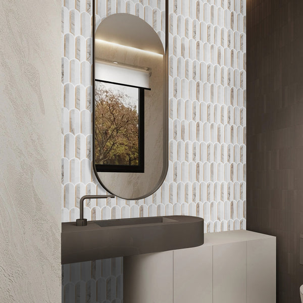 Crema Marfil, Bianco Oro & White Thassos Tri-Blend Wave Mosaic Honed