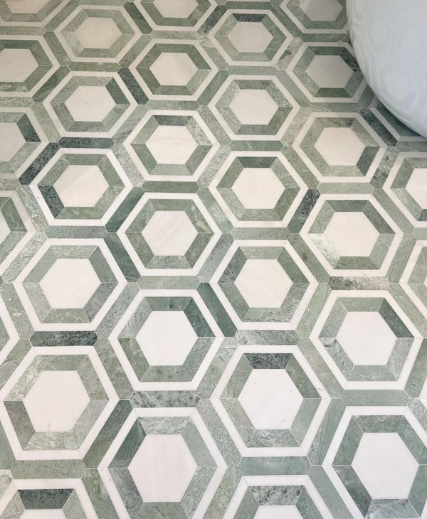 White Absolute Honeycomb with Ming Green Mosaic Honed