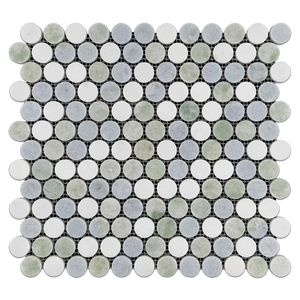 Tri-Blend 1" Rounds (Ming Green/White Thassos/Blue Celeste) Mosaic Polished - Elon Tile & Stone