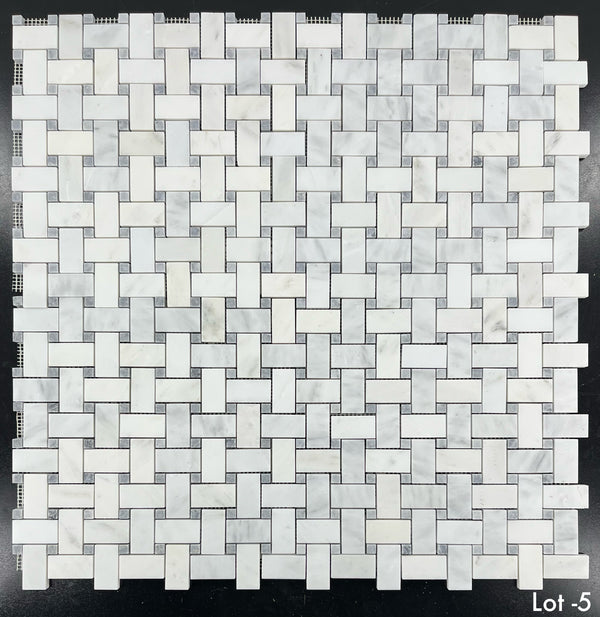 Pearl White Basketweave with 3/8" Pacific Gray Dot Mosaic Honed