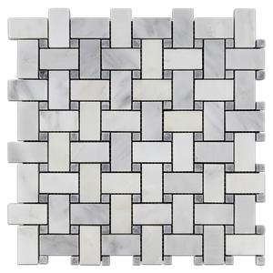 Pearl White Basketweave with Pacific Gray Dot Mosaic Honed (1 sf) - Elon Tile