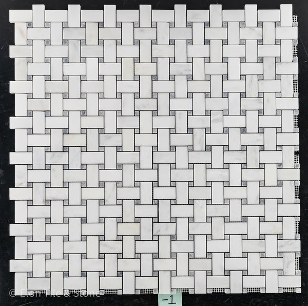 Pearl White Basketweave with 3/8" Pacific Gray Dot Mosaic Polished