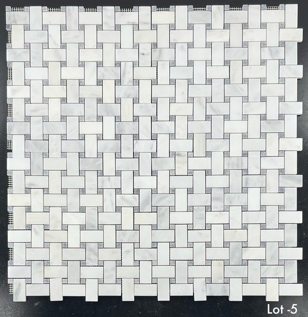 Pearl White Basketweave with 3/8" Pacific Gray Dot Mosaic Polished
