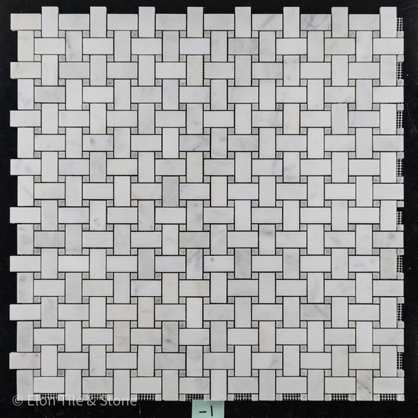 Pearl White Basketweave with 3/8" Ming Green Dot Mosaic Honed