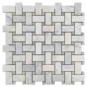 Pearl White Basketweave with Ming Green Dot Mosaic Honed (1 sf) - Elon Tile