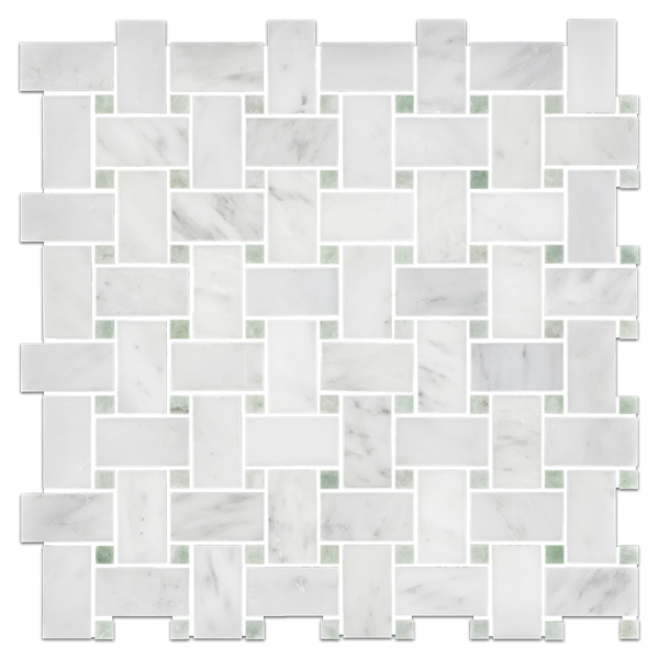 Pearl White Basketweave with 3/8" Ming Green Dot Mosaic Polished