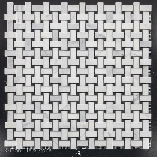 Pearl White Basketweave with 3/8" Black Dot Mosaic Honed