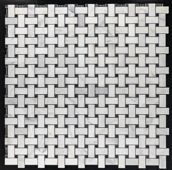 Pearl White Basketweave with 3/8" Black Dot Mosaic Honed