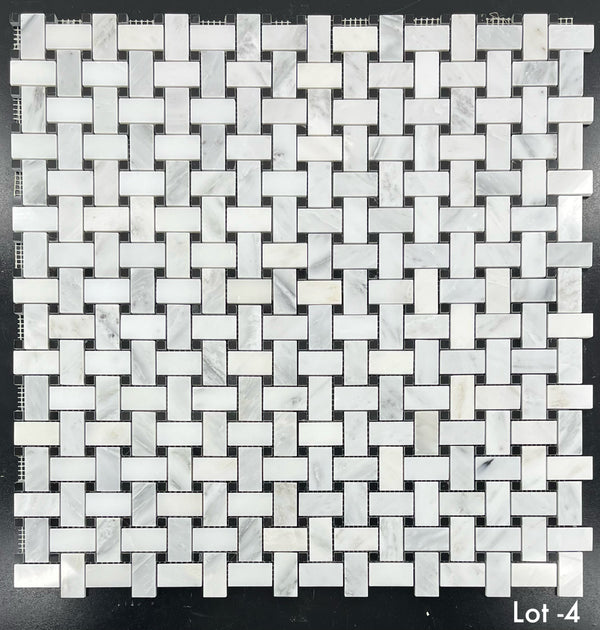 Pearl White Basketweave with 3/8" Black Dot Mosaic Polished - Elon Tile & Stone