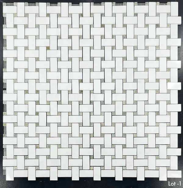 White Thassos Basketweave with 3/8" Ming Green Dot Mosaic Polished