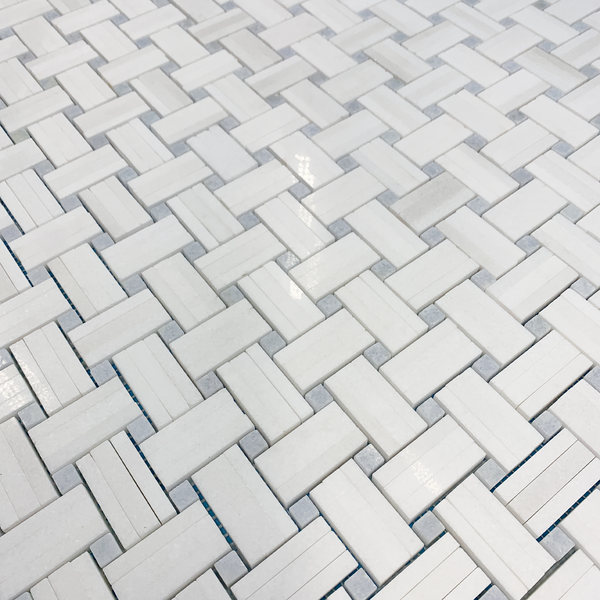 White Thassos Tri-Weave with Blue Celeste Dot Mosaic Polished (1 sf) - Elon Tile