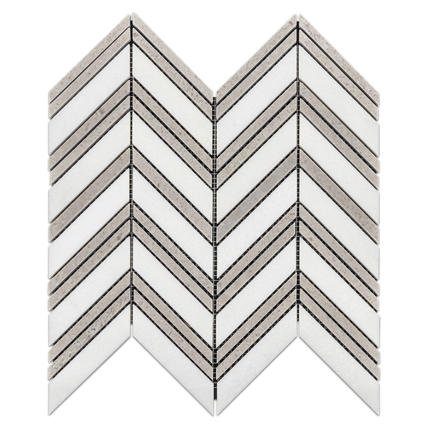 **LIMITED STOCK** White Thassos Chevron with Sand Dollar Strips Mosaic Polished