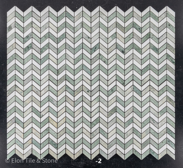 **LIMITED STOCK** White Thassos Petite Chevron with Ming Green Mosaic Polished
