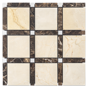 **LIMITED STOCK** Crema Marfil with Dark Emperador Bar and Pearl White Dot Grande Square Mosaic Polished (1 sf) - Elon Tile & Stone