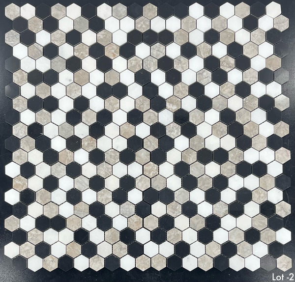 Tri-Blend (Negro - Blanco absoluto - Gris templo) Mosaico hexagonal pulido de 1 1/4"