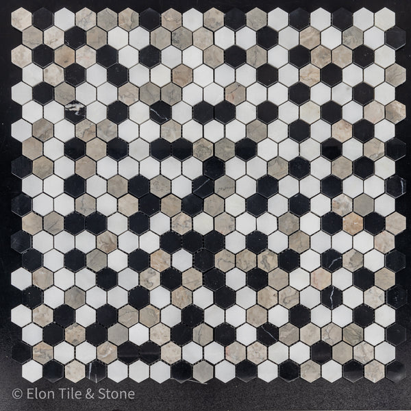 Tri-Blend (Black - White Absolute - Temple Grey) 1 1/4" Hexagon Mosaic Polished