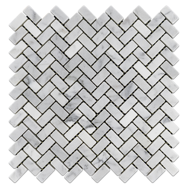 Bianco Carrara 5/8" x 1 1/4" Herringbone Mosaic Tumbled (0.88 SF) - Elon Tile