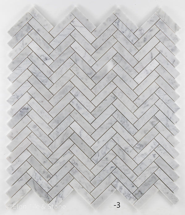 Bianco Carrara 1" x 4" Herringbone Mosaic Polished - Elon Tile & Stone
