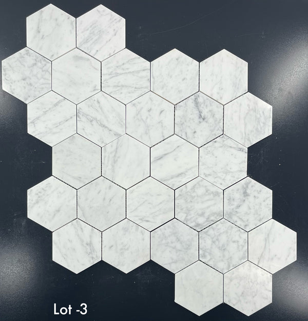 Mosaico hexagonal Bianco Carrara de 5" pulido