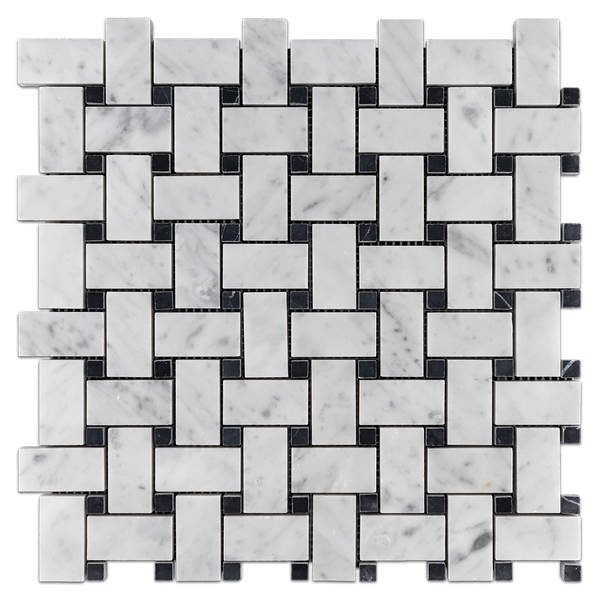 Bianco Carrara Basketweave with 3/8" Black Dot Mosaic Honed - Elon Tile