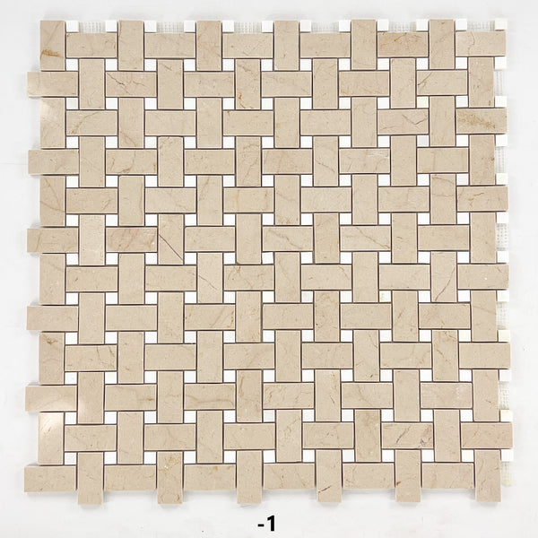 Crema Marfil Basketweave with 5/8" White Thassos Dot Mosaic Polished - Elon Tile & Stone